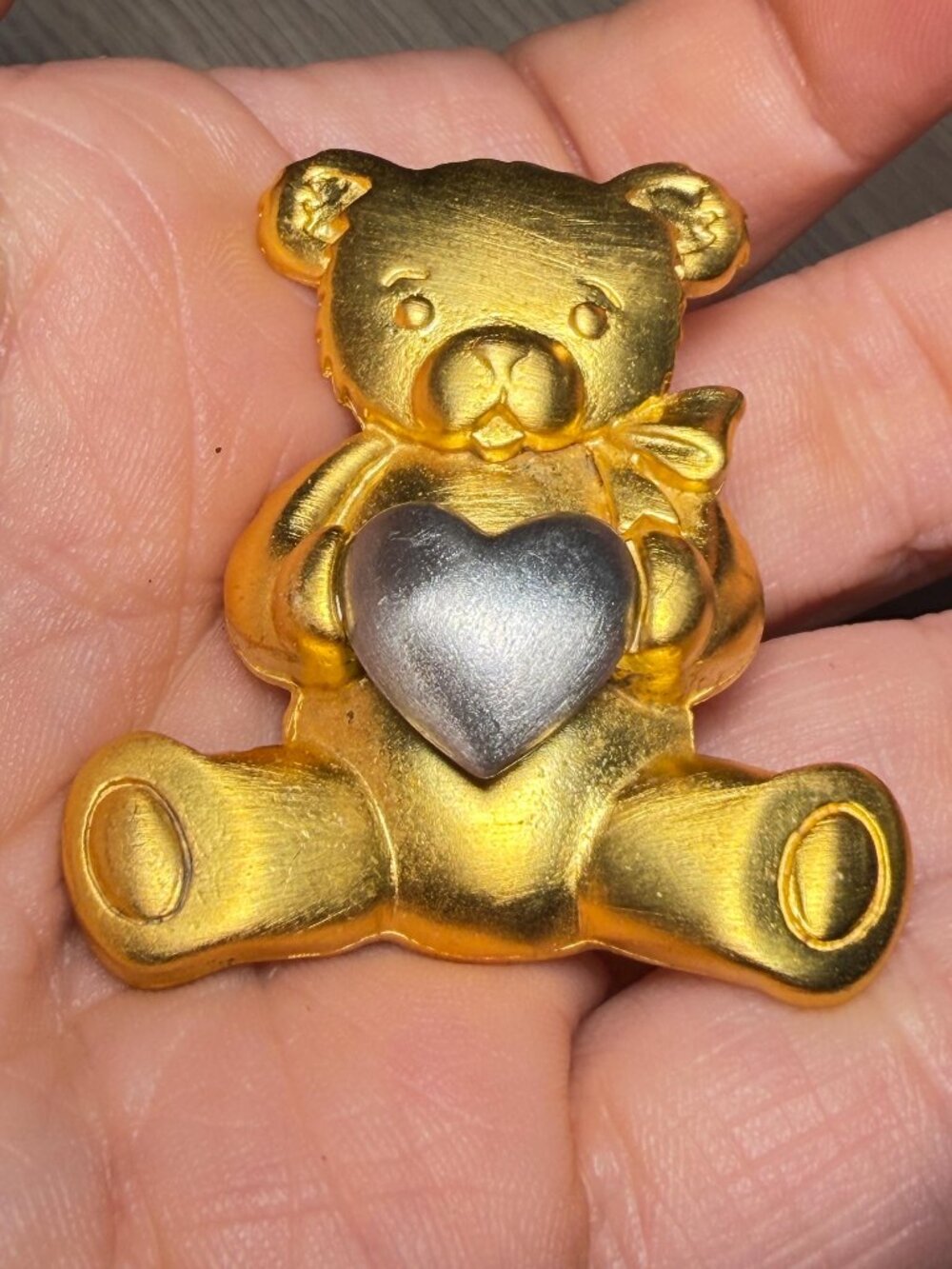 JJ Vintage Teddy Bear Heart Brooch Gold Silver Tone Baby Shower Gift Pin